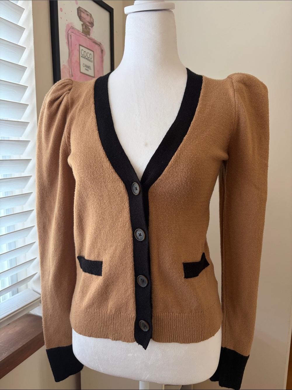 Express Camel Cardigan with Black Trim